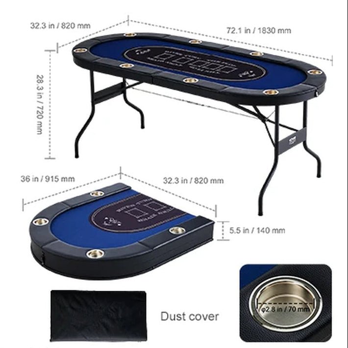 Succebuy 8 Player Foldable Poker Table Blackjack Texas Holdem with Padded Rails and Stainless Steel Cup Holders Blue