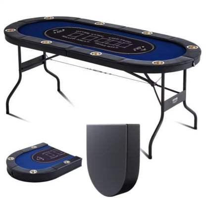 8 Player Foldable Poker Table Blackjack Texas Holdem with Padded Rails and Stainless Steel Cup Holders Blue