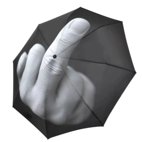 Black umbrella with a printed design of a hand giving a middle finger on a white background
