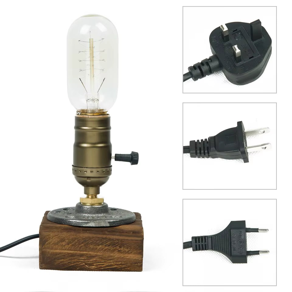 Industrial LED Table Lights with Switch Wood Desk Lamp Retro Home Decor Creative Art Gift Night Light